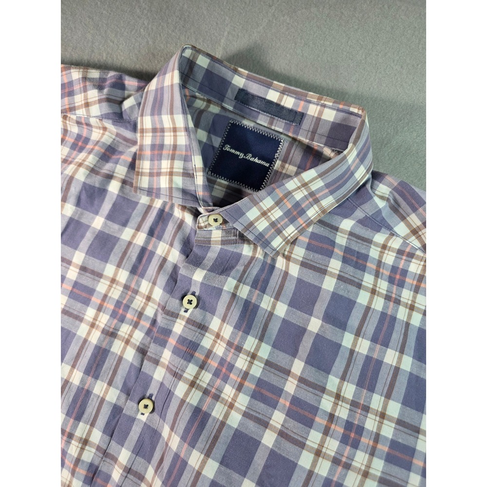 Tommy Bahama Mens Short Sleeve Button Down Plaid Shirt Blue Purple Large